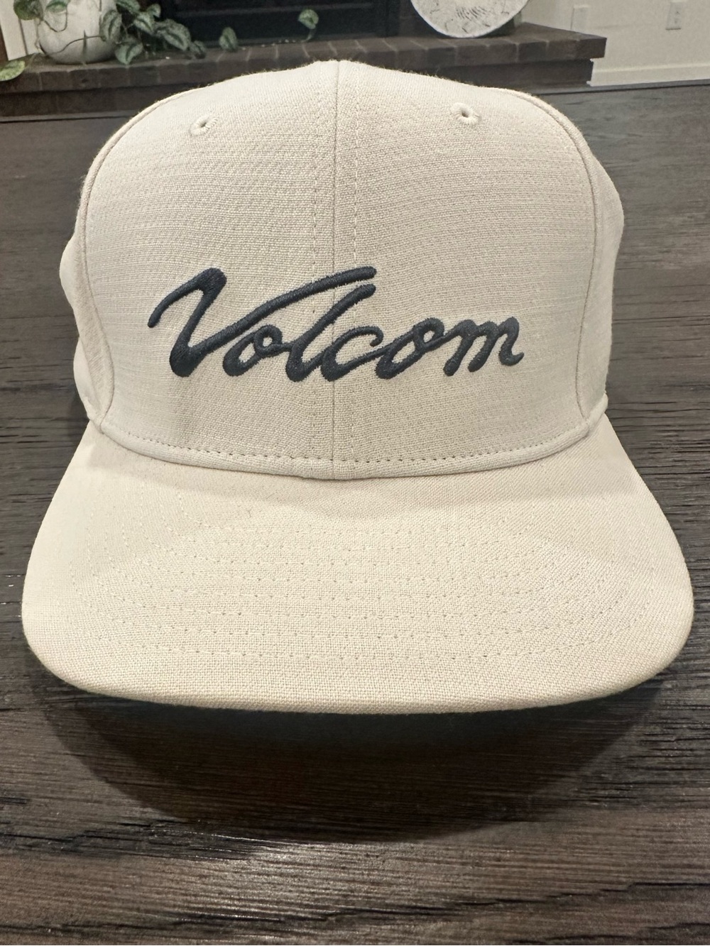 Volcom Cream Snapback Hat with Black Script